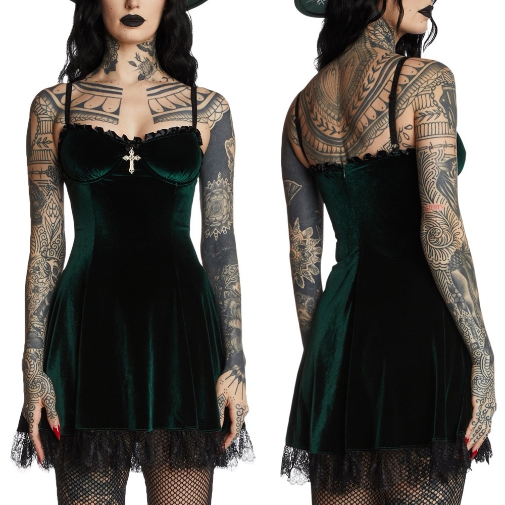 Widow Blind Faith Green Velvet Mini Dress Sz Medium